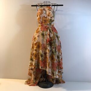 Lulu*s Eternal Joy Orange Floral Sleeveless Lined Dress 
With Train Size S